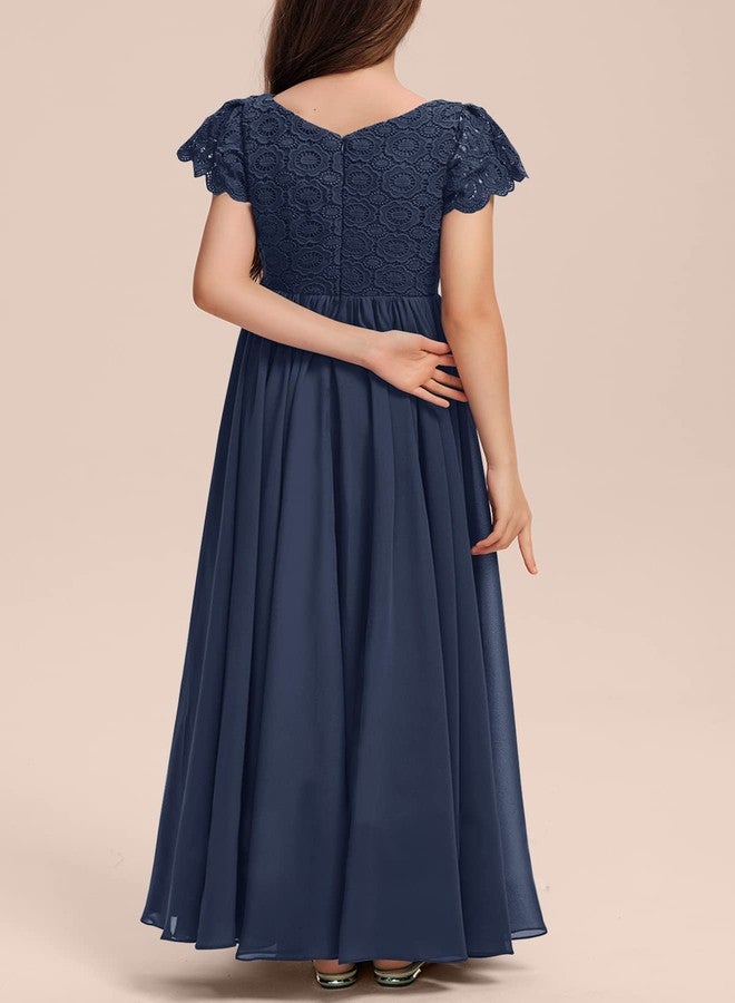 HOSIKA Girls Vintage Floral Lace Flutter Sleeve A-Line Swing Easter Birthday Party Dance Prom Dress for 12-13 Years Navy Blue - Image 5